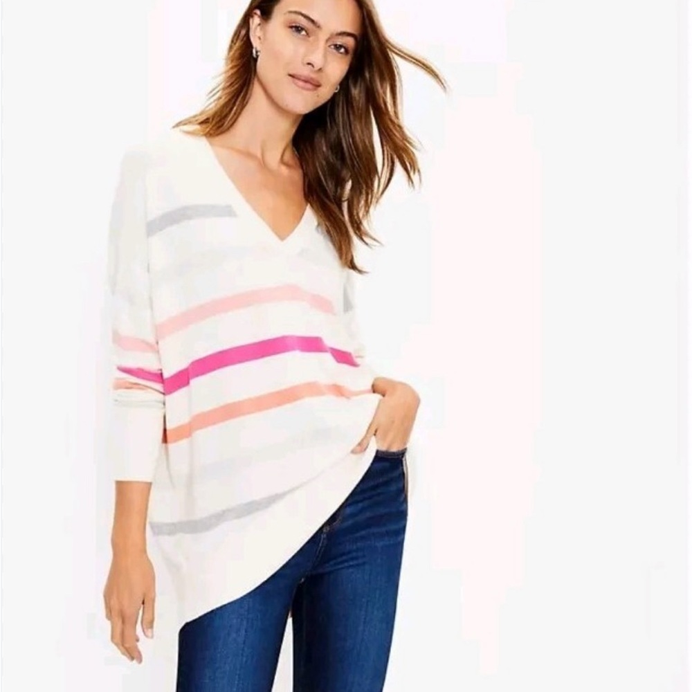 Loft Womens Oversized Soft Cream Striped Vneck Tunic Sweater
